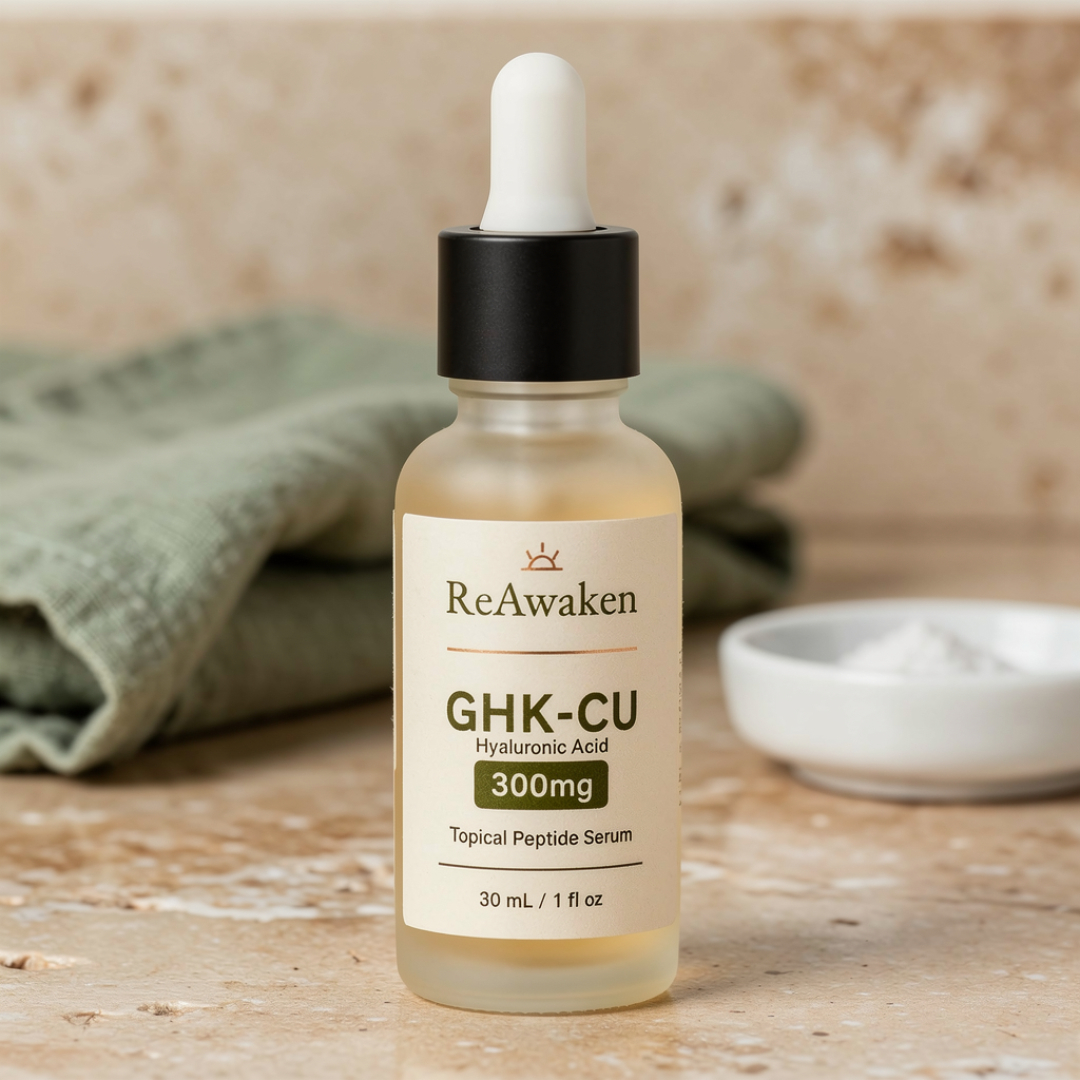 ReAwaken GHK-Cu Copper Firming Serum on a stone vanity with morning light