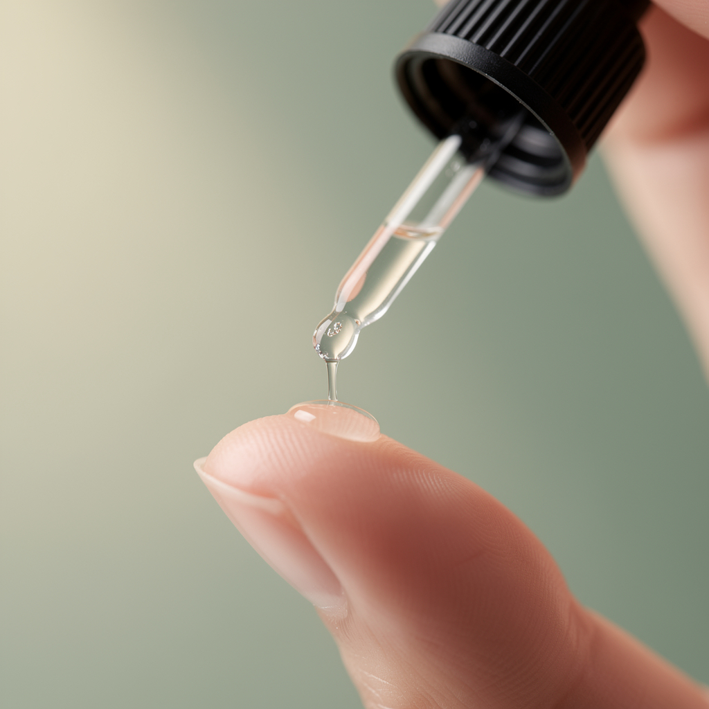 A drop of fresh ReAwaken peptide serum released onto a fingertip