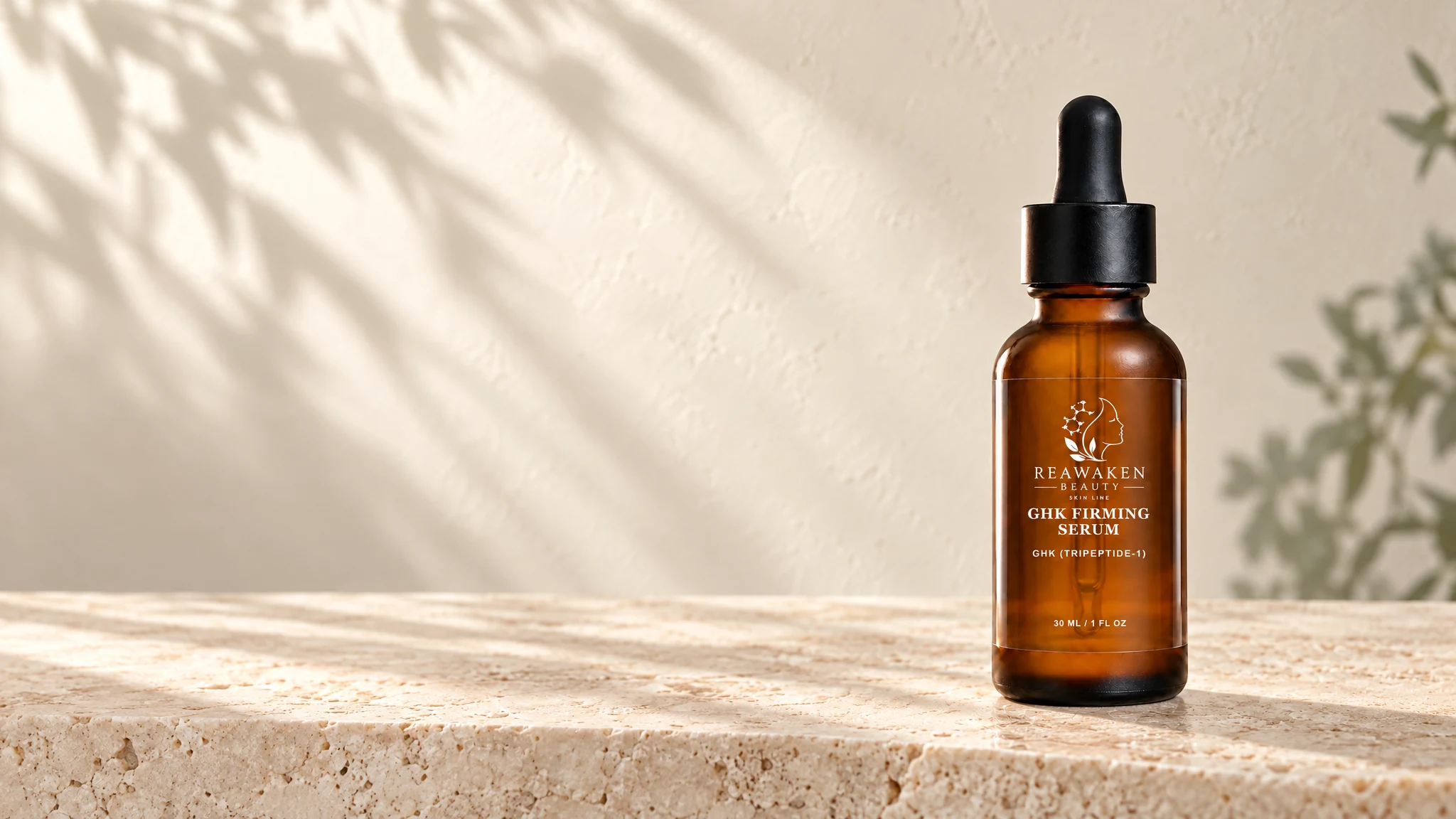GHK Firming Serum with a clear label on warm ivory travertine