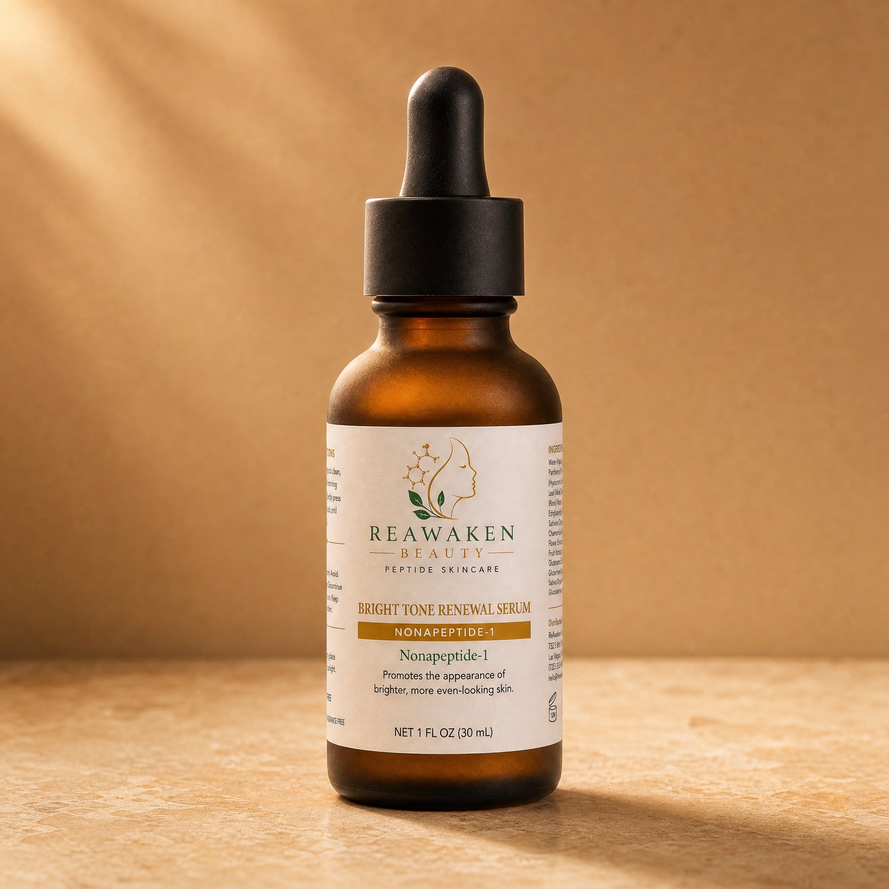 Bright Tone Renewal Serum bottle on a warm studio set