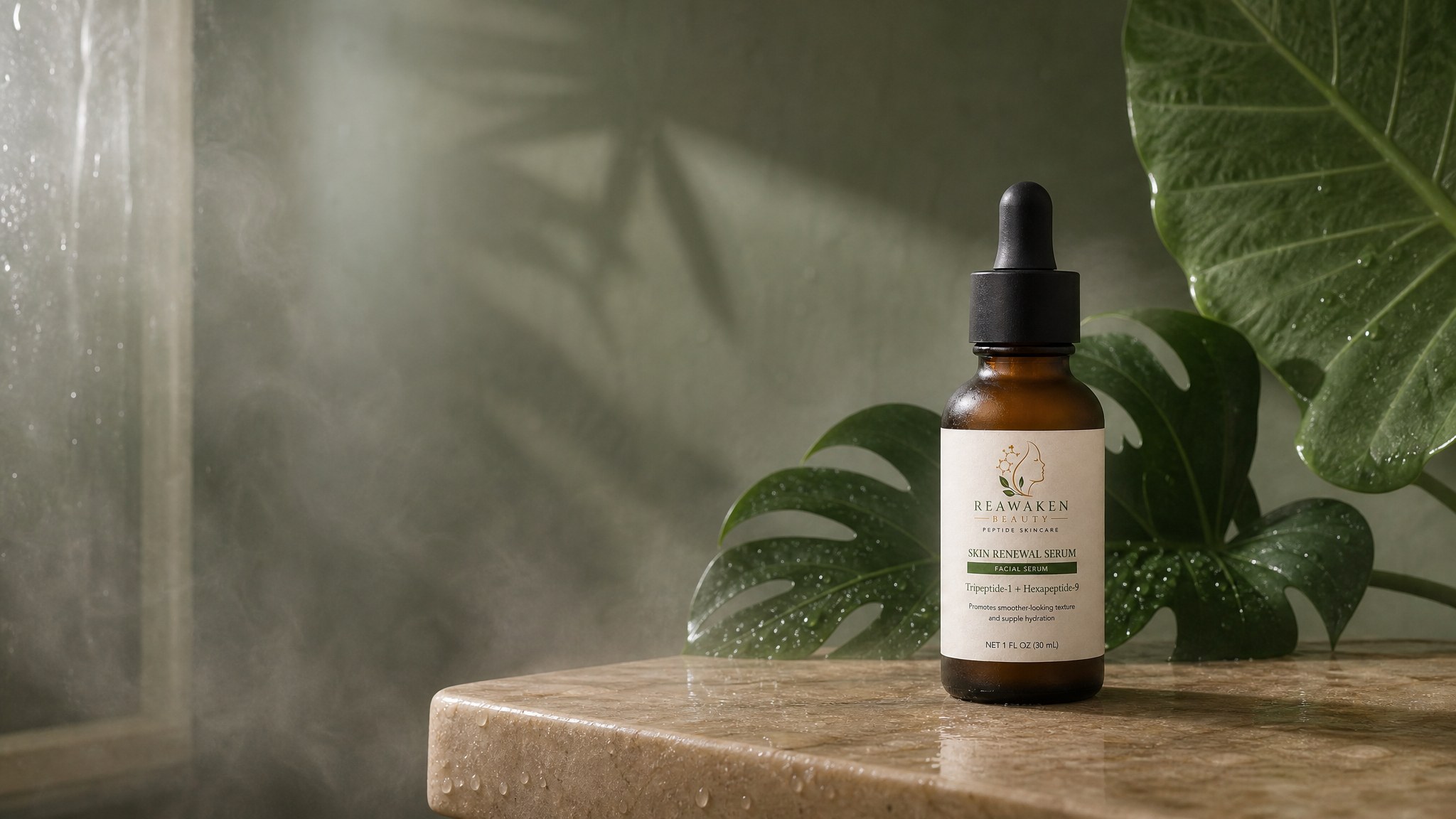 Skin Renewal Serum in a frosted amber dropper bottle on a stone ledge