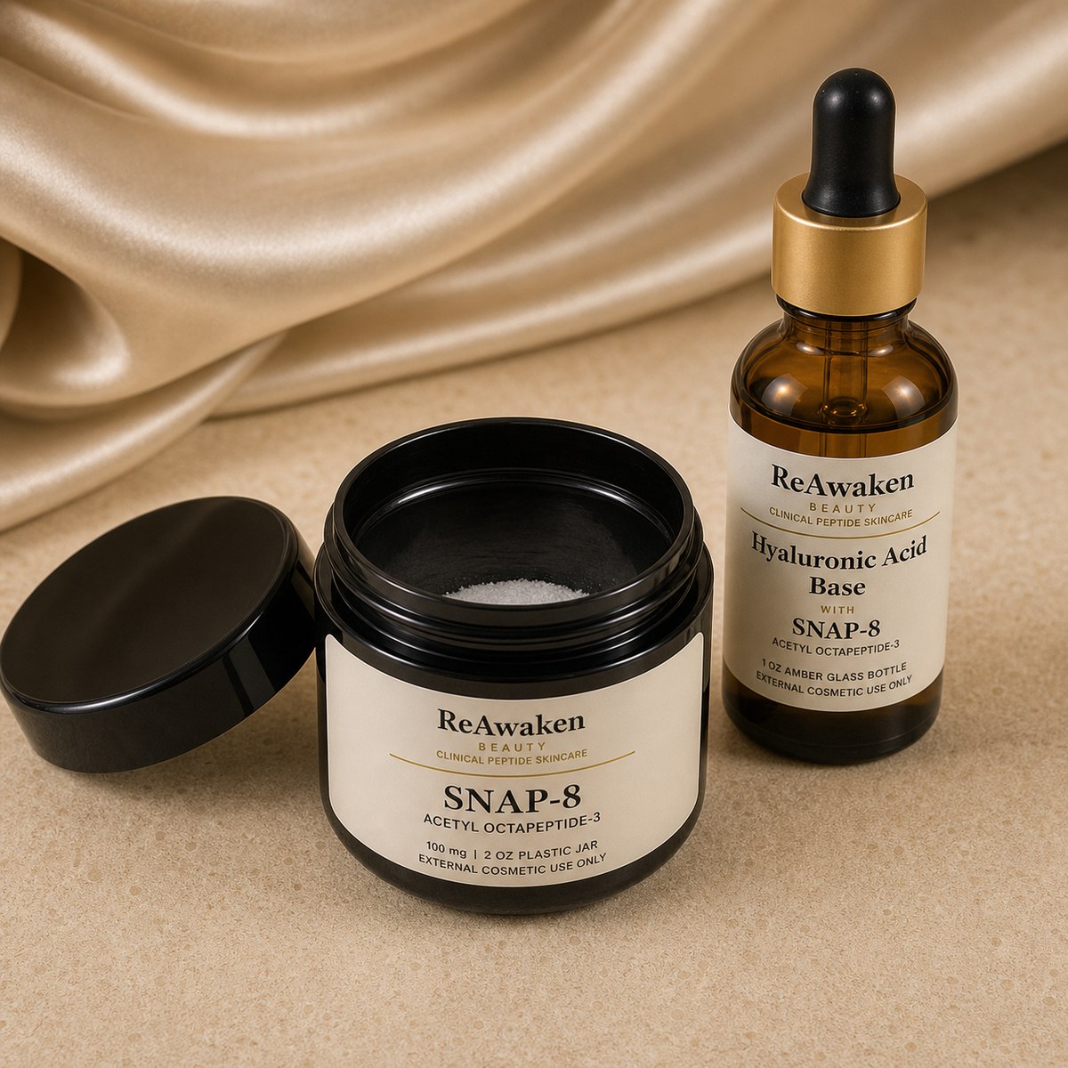 Open ReAwaken peptide jar with a small amount of dry peptide powder at the bottom