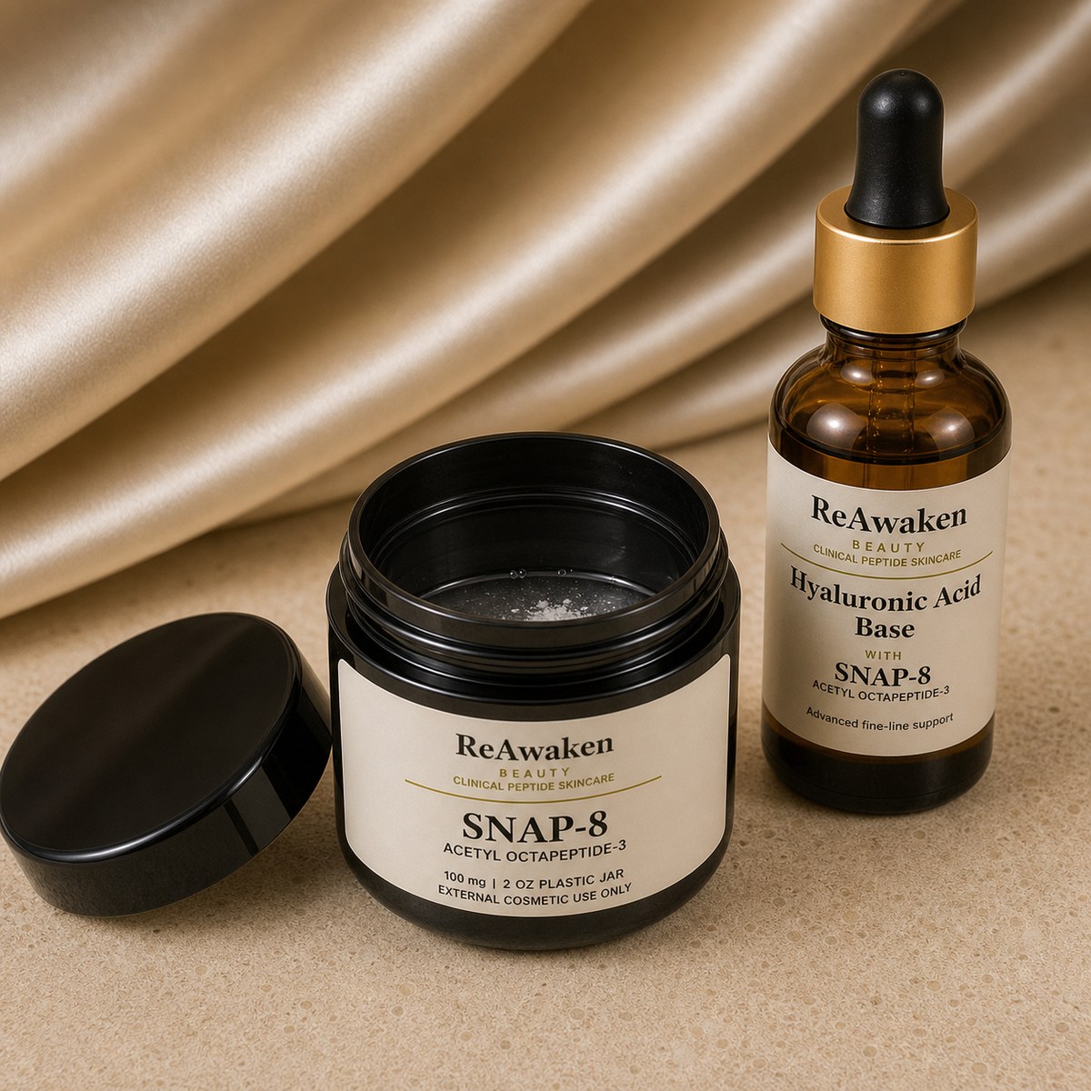 ReAwaken peptide jar resting while the peptide dissolves into the base