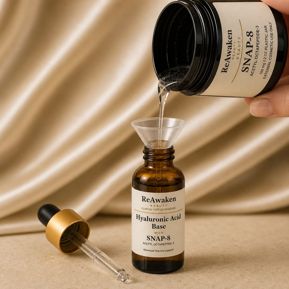 Finished ReAwaken serum being returned from the peptide jar into the dropper bottle