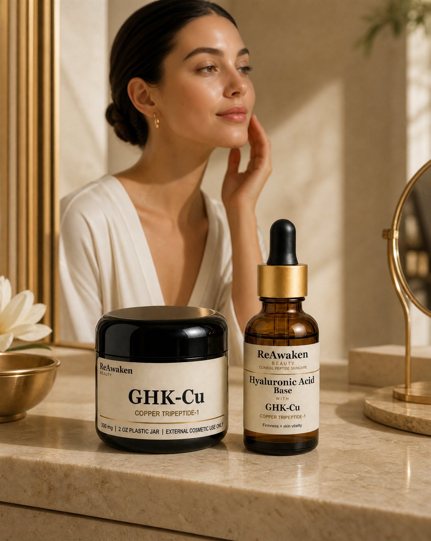 ReAwaken Beauty fresh-mix peptide kit on a cream vanity with a skincare model